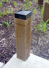 Timber Bollard Caps: Outdoor Structures Australia Supplied Product. Design by Irving Landscape Architecture